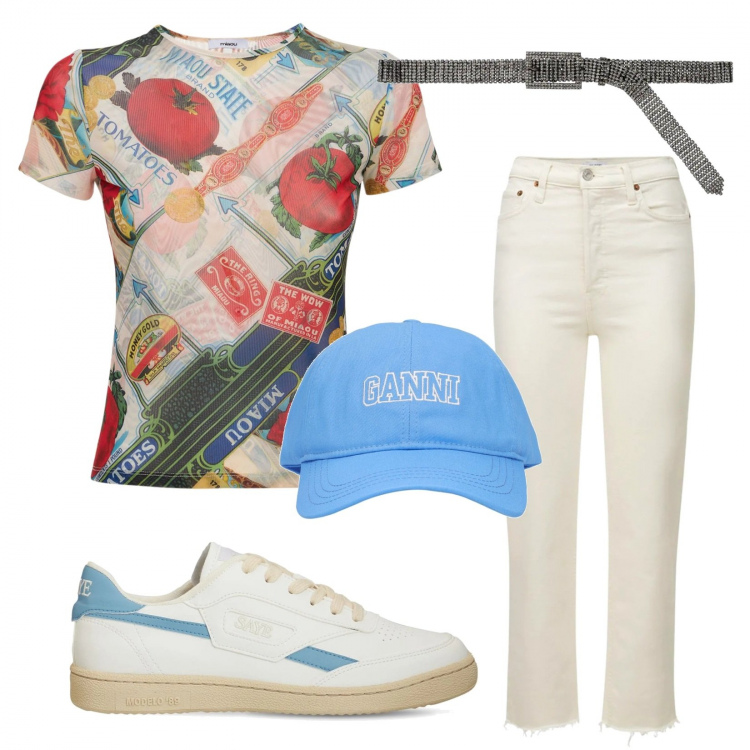 Outfit donna - LVRS. Stile Casual per Tutti i giorni. Abbinamento con jeans dritti, t-shirt, sneakers, cappelli, cinture.