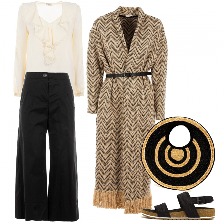 Outfit donna - Special contest. Stile Casual chic per Serata fuori. Abbinamento con pantaloni, bluse, cappotti, infradito, borse a mano.