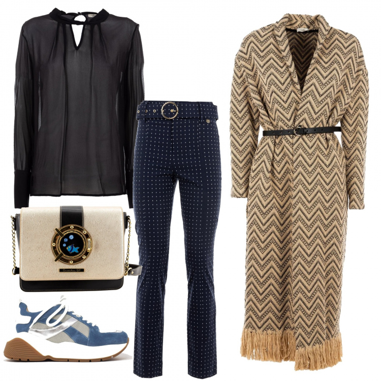 Outfit donna - Special contest 2. Stile Casual chic per Serata fuori. Abbinamento con pantaloni, sneakers, bluse, borse a tracolla, cappotti.