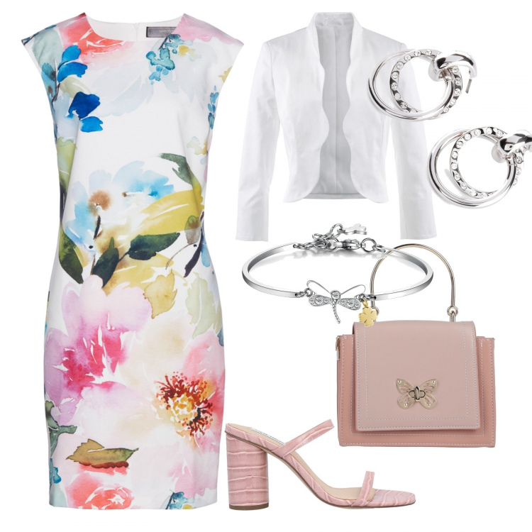 Outfit donna - In città. Stile Casual chic per Tutti i giorni. Abbinamento con blazer, vestiti a tubino, orecchini, sandali col tacco, borse a mano, braccialetti.
