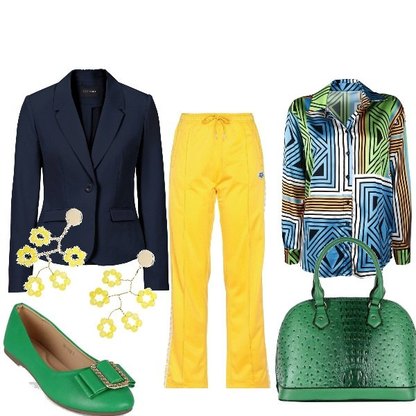 Outfit donna - Giallo, verde e blu. Stile Basic per Tutti i giorni. Abbinamento con blazer, pantaloni, orecchini, camicie, ballerine, borse a mano.