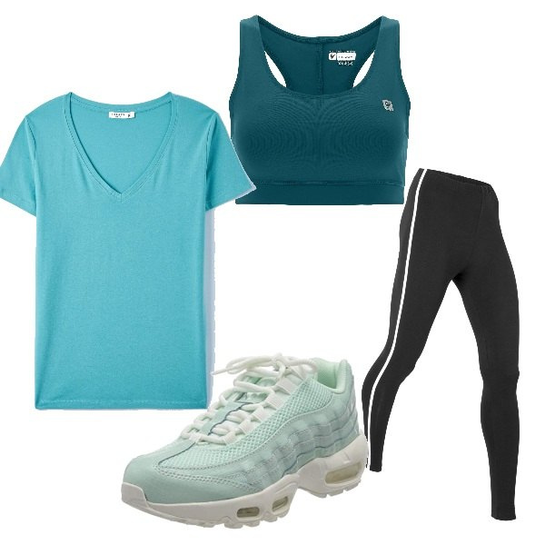 Outfit donna - Pronte a correre. Stile Casual per Sport. Abbinamento con leggings, t-shirt, reggiseni, scarpe sportive.