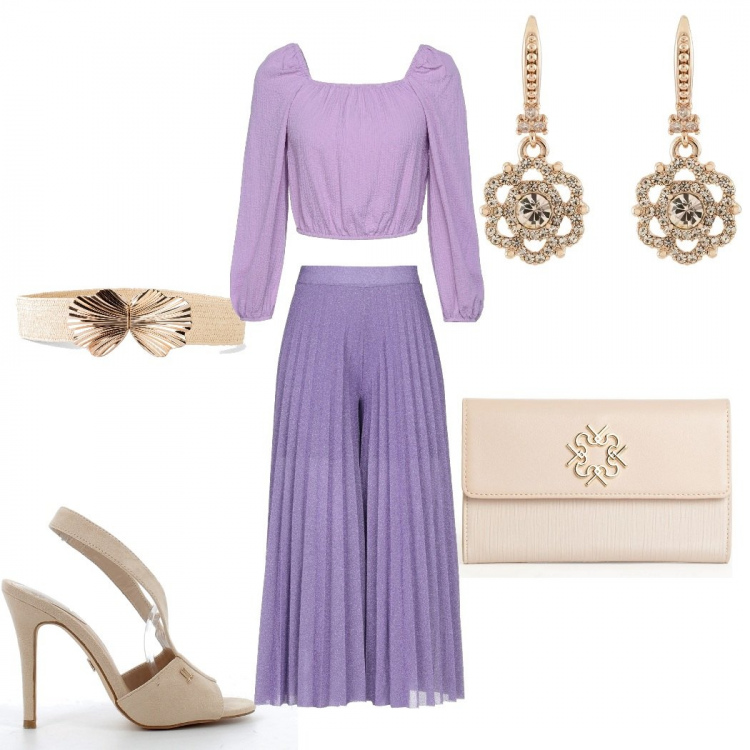 Outfit donna - Ispirazione lilla.. Stile Chic per Cerimonia. look ideale per Tall. Abbinamento con cinture, gonne lunghe, bluse, pochette, orecchini, sandali col tacco.