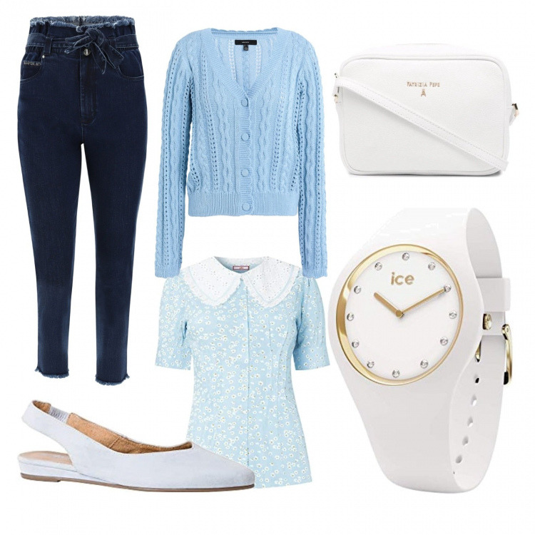 Outfit donna - Total look #1313792. Stile Bon Ton per Tutti i giorni. Abbinamento con cardigans, borse tote, jeans skinny, camicie a manica corta, orologi, ballerine.