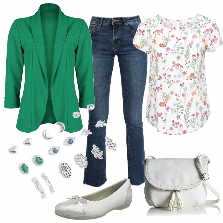 Outfit donna - Total look #1313811. Stile Romantica per Tutti i giorni. Abbinamento con bluse, blazer, jeans a zampa, orecchini, borse a tracolla, ballerine.