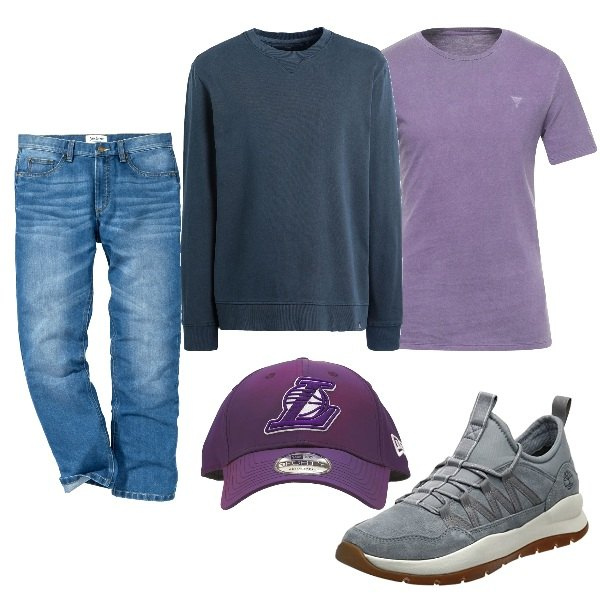 Outfit uomo - Grigio e viola urban. Stile Urban per Tutti i giorni. Abbinamento con jeans dritti, t-shirt, felpe, sneakers, cappelli.