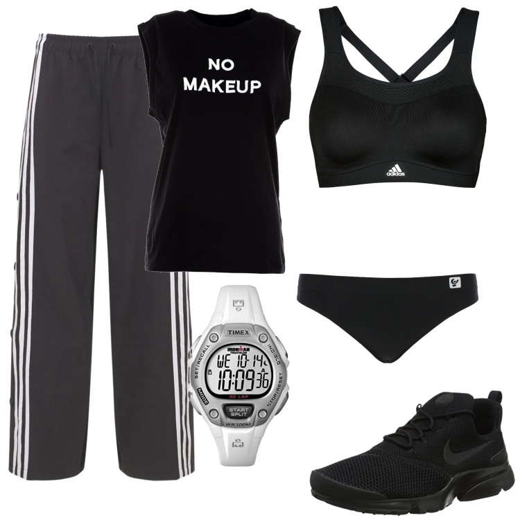 Outfit donna - Corsetta con le amiche. Stile Basic per Sport. Abbinamento con slip, reggiseni, t-shirt, pantaloni, orologi digitali, sneakers.