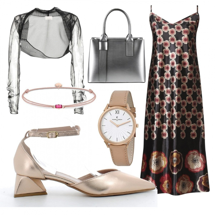 Outfit donna - Serata chic. Stile Chic per Serata fuori. Abbinamento con vestiti midi/longuette, bolero, borse a mano, sandali in pelle, braccialetti, orologi.