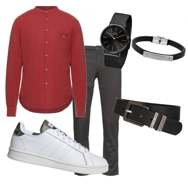 Outfit uomo - Camicia rossa. Stile Casual per Serata speciale. Abbinamento con sneakers, pantaloni, orologi, camicie, cinture.