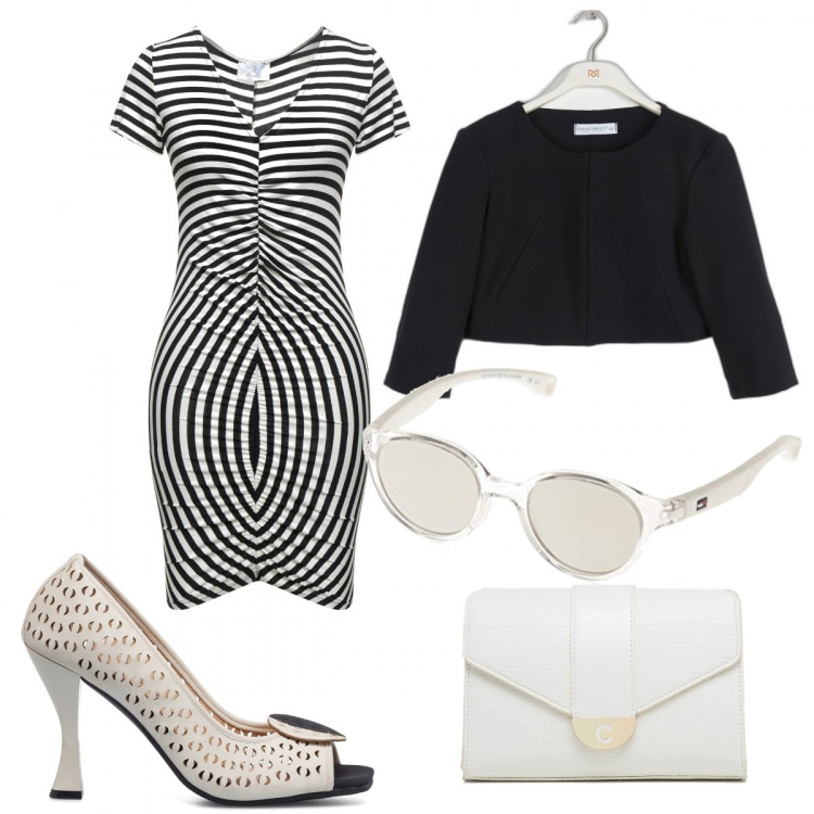 Outfit donna - Bianco e nero Anni 60. Stile Trendy per Tutti i giorni. Abbinamento con vestiti corti, blazer, décolleté, borse a tracolla, occhiali da sole.