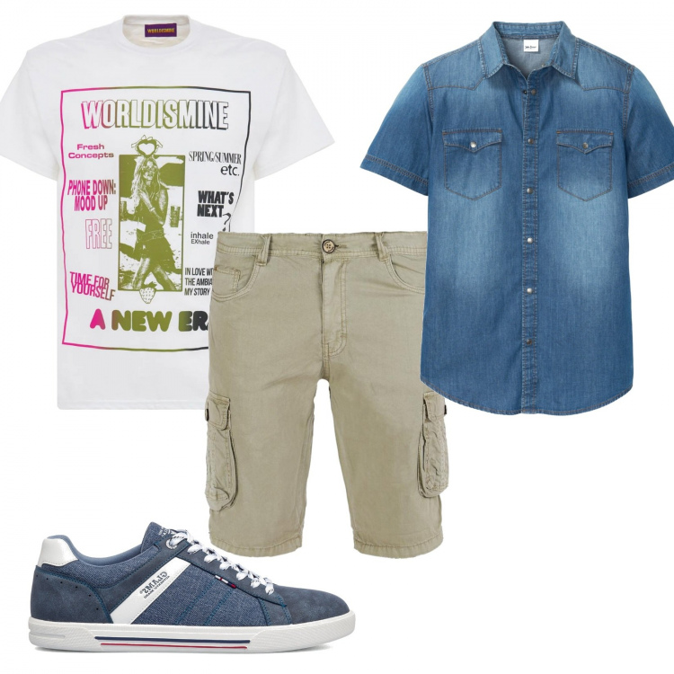 Outfit uomo - Urban estivo. Stile Urban per Tutti i giorni. Abbinamento con camicie a manica corta, bermuda, sneakers, t-shirt.