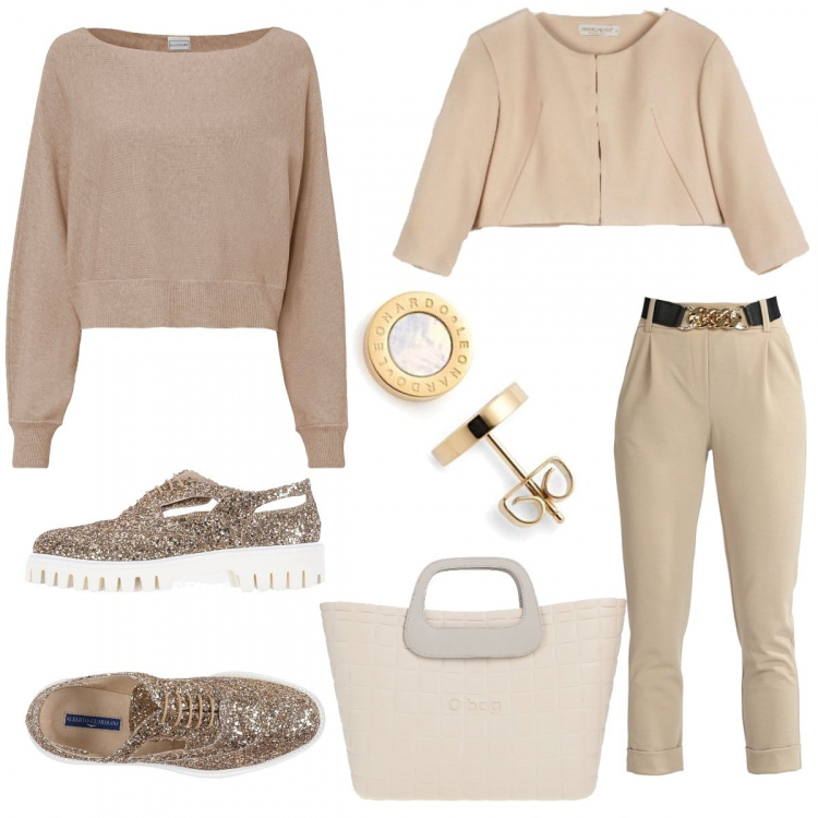 Outfit donna - Brillante di giorno. Stile Casual chic per Ufficio. look ideale per Tall. Abbinamento con maglieria, scarpe stringate, borse a mano, pantaloni, blazer, orecchini.