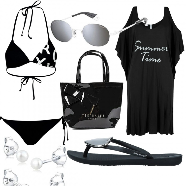Outfit donna - Trendy #6018. Stile Trendy per Mare. Abbinamento con vestiti da spiaggia, infradito, costumi, shopping bag, orecchini, occhiali da sole.