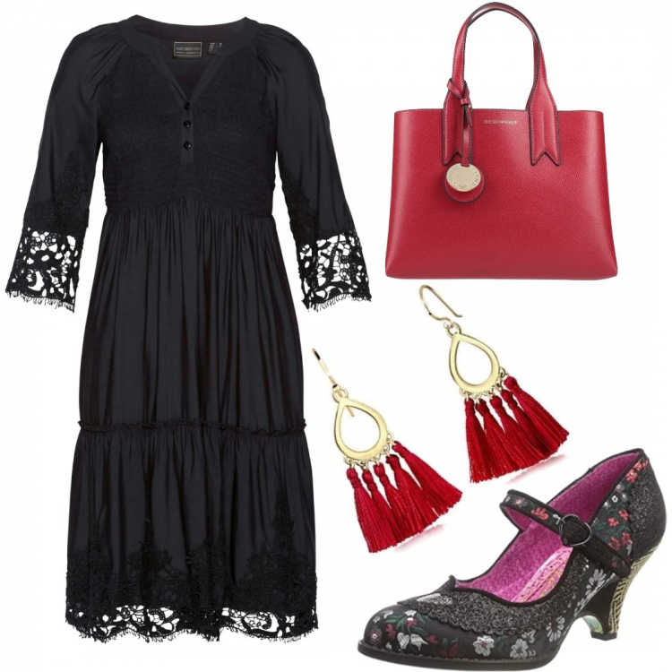 Outfit donna - Romantica trendy. Stile Trendy per Tutti i giorni. Abbinamento con vestiti chemisier, borse a mano, scarpe col tacco, orecchini.