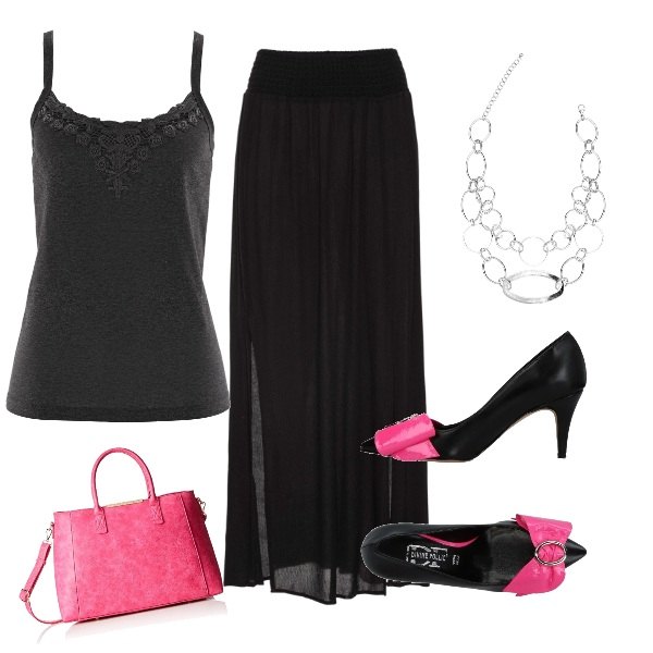 Outfit donna - Pink and black. Stile Trendy per Serata fuori. Abbinamento con gonne lunghe, top, collana, décolleté con fiocco fantasia effetto vernice a punta in pelle sintetica, borsa a mano in pelle rosa.