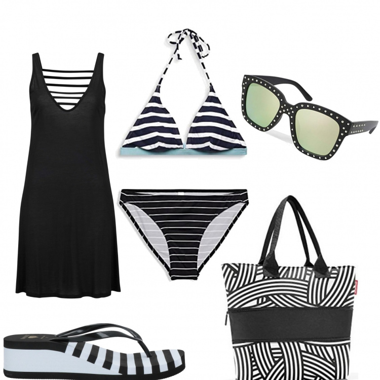 Outfit donna - Al mare righe nero e bianco. Stile Casual chic per Mare. Abbinamento con vestiti da spiaggia, infradito, shopping bag, occhiali da sole, bikini, bikini.