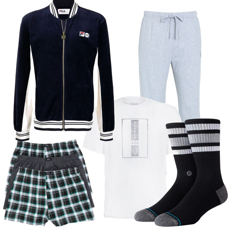 Outfit uomo - Comodamente a casa. Stile Casual per Tutti i giorni. Abbinamento con boxer, abbigliamento da notte, t-shirt, giacche sportive, calzini.
