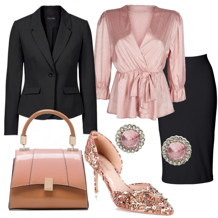Outfit donna - Serata strepitosa. Stile Chic per Serata fuori. Abbinamento con orecchini, blazer, gonne longuette, décolleté, bluse, borse a mano.