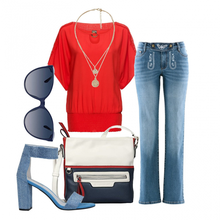 Outfit donna - Easy style. Stile Casual chic per Tutti i giorni. Abbinamento con bluse, jeans, sandali in pelle, collane, occhiali da sole, borse a tracolla.