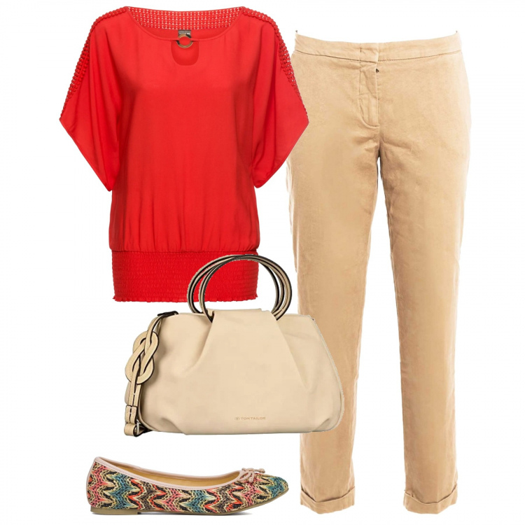Outfit donna - In centro. Stile Casual chic per Tutti i giorni. Abbinamento con bluse, pantaloni, ballerine, shopping bag.
