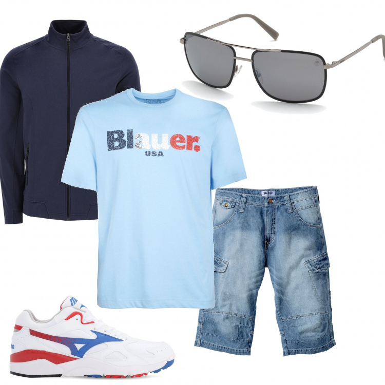 Outfit uomo - Jeans bermuda maglia celeste e felpa. Stile Casual per Tutti i giorni. Abbinamento con bermuda, occhiali da sole, t-shirt, felpe, sneakers.