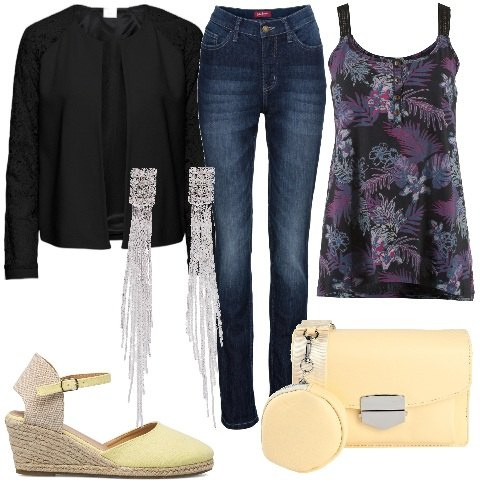 Outfit donna - Un aprile Trendy per curvy. Stile Trendy per Tutti i giorni. Abbinamento con blazer, orecchini, jeans dritti, top, borse a tracolla, espadrillas.
