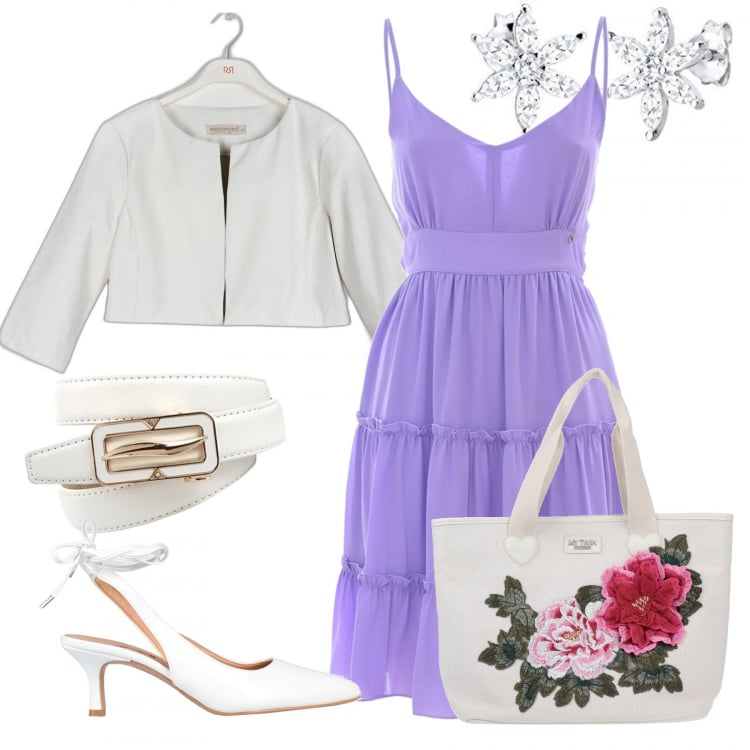 Outfit donna - Lillà. Stile Romantica per Tutti i giorni. Abbinamento con décolleté, borse a mano, blazer, vestiti corti, orecchini, cinture.