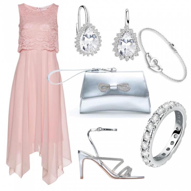 Outfit donna - Wedding day. Stile Chic per Cerimonia. Abbinamento con vestiti midi/longuette, sandali col tacco, anelli, orecchini, pochette, braccialetti.