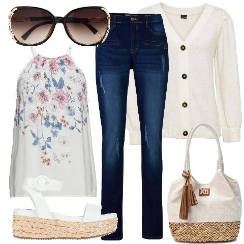 Outfit donna - Lo stile non ha taglie! Spring. Stile Casual chic per Tutti i giorni. Abbinamento con top, occhiali da sole, cardigans, jeans skinny, sandali col tacco, borse a spalla.