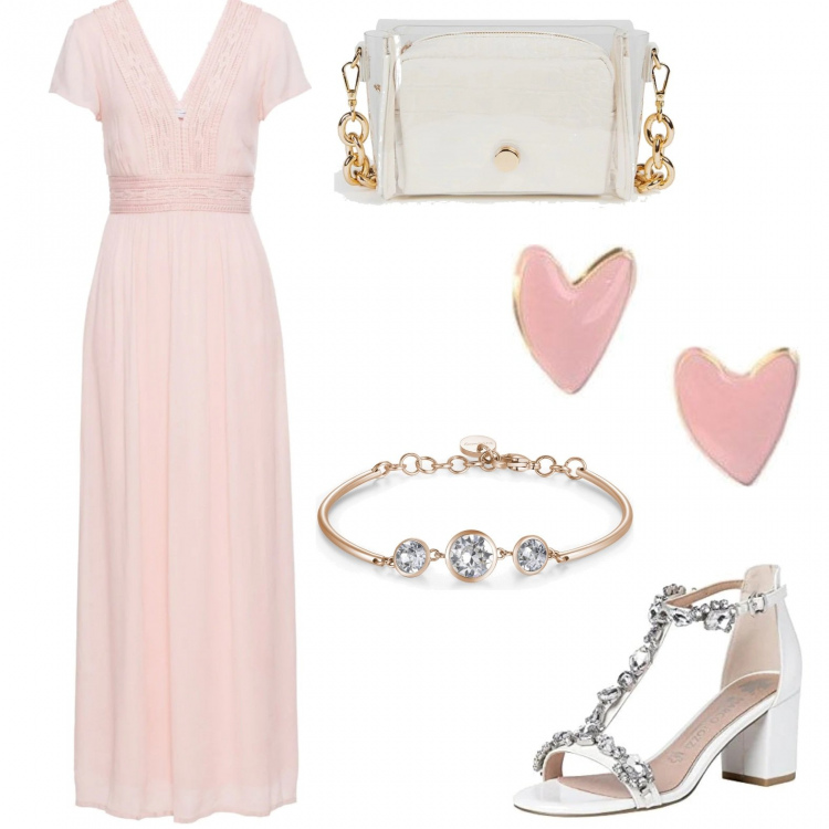 Outfit donna - Glamour #4024. Stile Glamour per Cerimonia. Abbinamento con vestiti lunghi, orecchini, pochette, braccialetti, sandali.