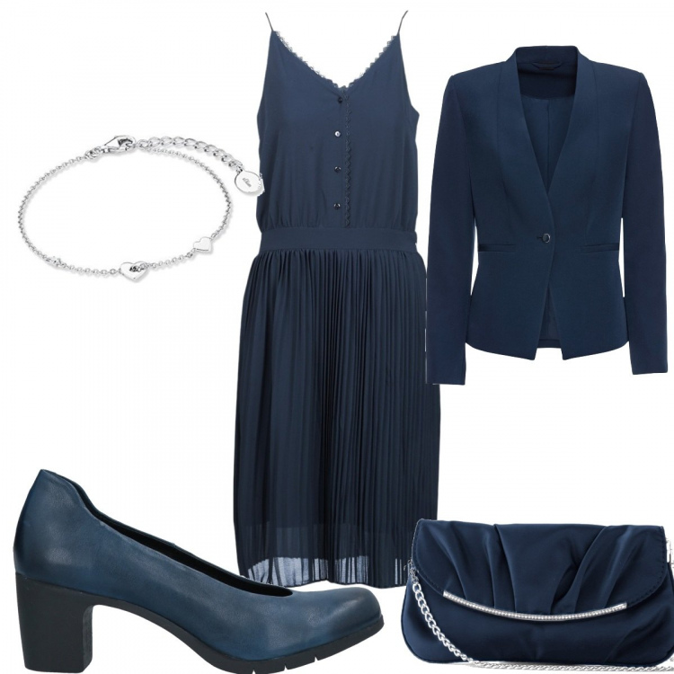 Outfit donna - Il blu è chic. Stile Chic per Cerimonia. Abbinamento con blazer, pochette, décolleté, vestiti corti, braccialetti.