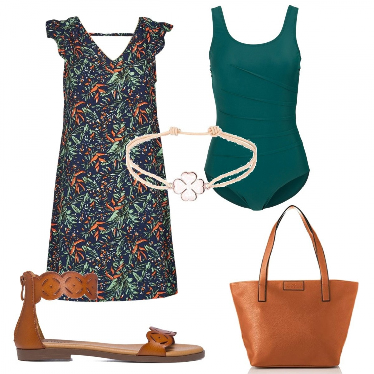 Outfit donna - Al mare in stile etnico. Stile Etnico per Mare. Abbinamento con costumi interi, vestiti corti, sandali in pelle, shopping bag, braccialetti.