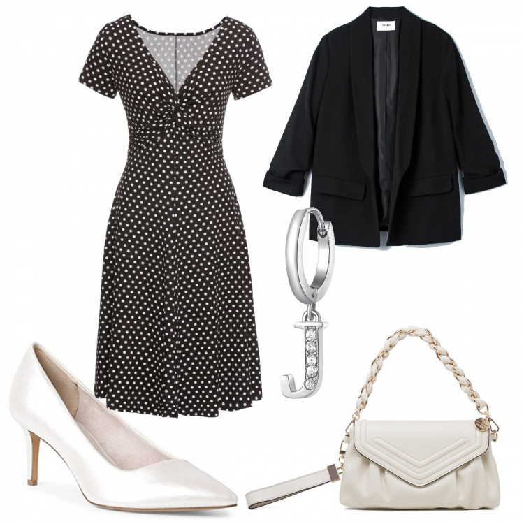 Outfit donna - I pois bianchi e neri. Stile Trendy per Tutti i giorni. Abbinamento con vestiti lunghi, blazer, orecchini, clutch, décolleté.