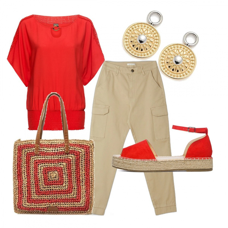 Outfit donna - Rosso e paglia. Stile Basic per Tutti i giorni. Abbinamento con bluse, pantaloni cargo, sandali col tacco, shopping bag, orecchini.