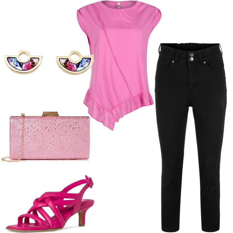 Outfit donna - Serata fuori low-cost. Stile Casual chic per Serata fuori. Abbinamento con jeans, t-shirt, sandali col tacco, orecchini, pochette.