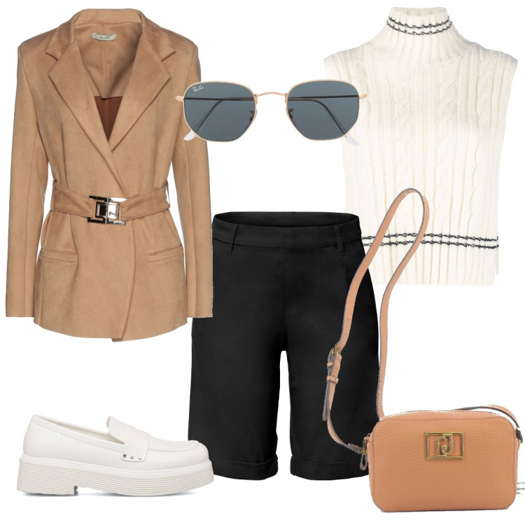 Outfit donna - College di primavera. Stile Preppy per Tutti i giorni. Abbinamento con bermuda, blazer, canottiere, occhiali da sole, borse a tracolla, mocassini.