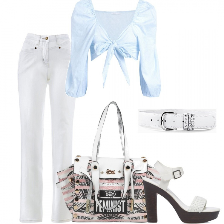 Outfit donna - Total look #1316298. Stile Casual chic per Mare. Abbinamento con cinture, pantaloni, borse a mano, camicie, sandali in pelle.