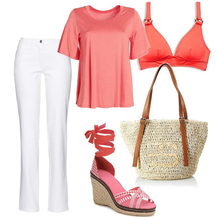 Outfit donna - Casual chic #8095. Stile Casual chic per Mare. Abbinamento con pantaloni, t-shirt, sandali, shopping bag, bikini.