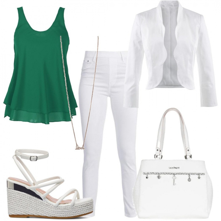 Outfit donna - Il top verde bottiglia. Stile Casual chic per Serata fuori. Abbinamento con blazer, collane, top, pantaloni, borse a spalla, sandali in pelle.