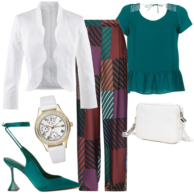 Outfit donna - Total look #1316425. Stile Urban per Tutti i giorni. Abbinamento con blazer, pantaloni, camicie, décolleté, orologi, borse a cartella.