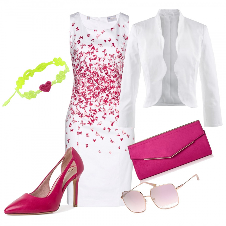 Outfit donna - Romantica #1655. Stile Romantica per Serata fuori. Abbinamento con blazer, vestiti a tubino, occhiali da sole, braccialetti, décolleté, pochette.