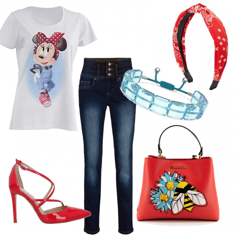 Outfit donna - Spiritosa. Stile Casual chic per Tutti i giorni. Abbinamento con jeans slim fit, décolleté, accessori per capelli, borse a mano, t-shirt, braccialetti.
