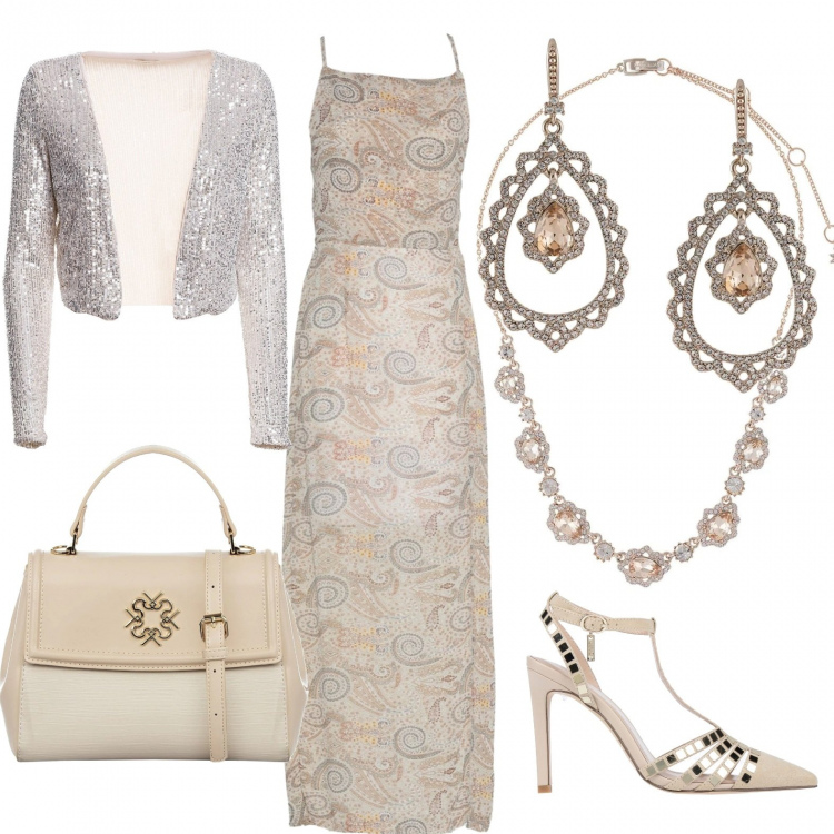Outfit donna - Crema. Stile Romantica per Cerimonia. Abbinamento con vestiti lunghi, décolleté, borse a mano, bolero, collane, orecchini.