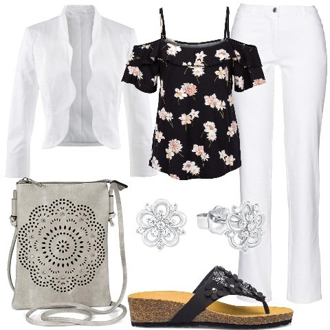 Outfit donna - Fiori ovunque per noi. Stile Casual chic per Tutti i giorni. Abbinamento con pantaloni, blazer, top, infradito, borse a tracolla, orecchini.