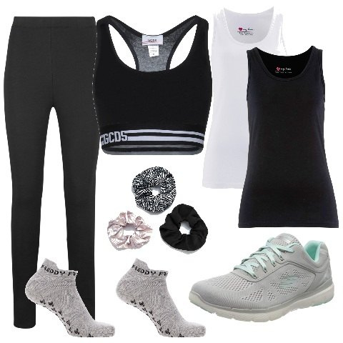 Outfit donna - Sport con le amiche!. Stile Sporty chic per Sport. Abbinamento con canottiere, leggings, reggiseni, accessori per capelli, calzini, sneakers.