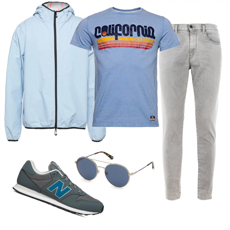 Outfit uomo - Giornata di picnic. Stile Casual per Sport. Abbinamento con giacche, occhiali da sole, jeans, sneakers, t-shirt.