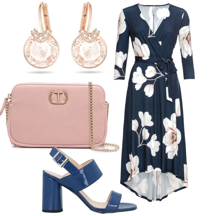 Outfit donna - Rosa e blu. Stile Casual chic per Cerimonia. Abbinamento con vestiti lunghi, sandali col tacco, clutch, orecchini.