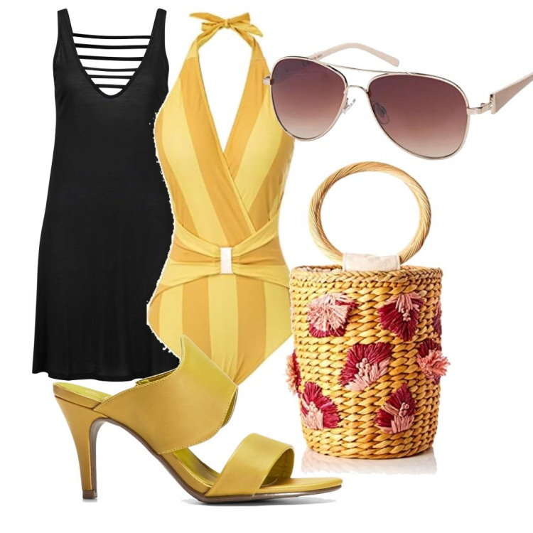 Outfit donna - Al mare in giallo. Stile Glamour per Mare. Abbinamento con vestiti da spiaggia, sandali col tacco, costumi interi, shopping bag, occhiali da sole.