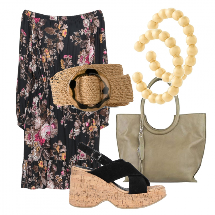 Outfit donna - Con accessori da giorno. Stile Romantica per Tutti i giorni. Abbinamento con cinture, vestiti corti, sandali in pelle, orecchini, borse a tracolla.
