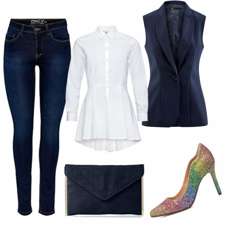 Outfit donna - I piedi nell\'arcobaleno. Stile Glamour per Serata fuori. Abbinamento con camicie, décolleté, gilet, jeans skinny, pochette.